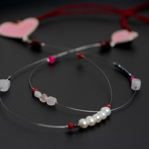 Μακρύ κολιέ με ροζ καρδιές - ημιπολύτιμες πέτρες, μαργαριτάρι, ορείχαλκος, καρδιά, μακριά - 4