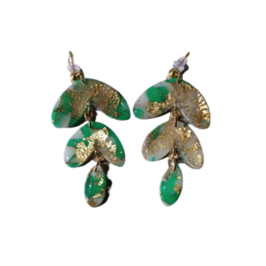 Σκουλαρίκια Κρεμαστά / Marble Emerald Trio Wing 1 - πηλός, boho, μεγάλα, καρφάκι