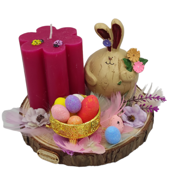 Πασχαλινή Σύνθεση με κεραμικό Λαγό, διακοσμητικά και μπορντώ κερί σε σχήμα λουλουδιού, πάνω σε κορμό ξύλου - διακοσμητικά, πασχαλινά δώρα, διακοσμητικό πασχαλινό