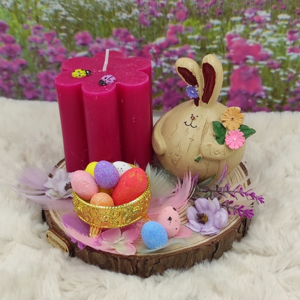 Πασχαλινή Σύνθεση με κεραμικό Λαγό, διακοσμητικά και μπορντώ κερί σε σχήμα λουλουδιού, πάνω σε κορμό ξύλου - διακοσμητικά, πασχαλινά δώρα, διακοσμητικό πασχαλινό - 3
