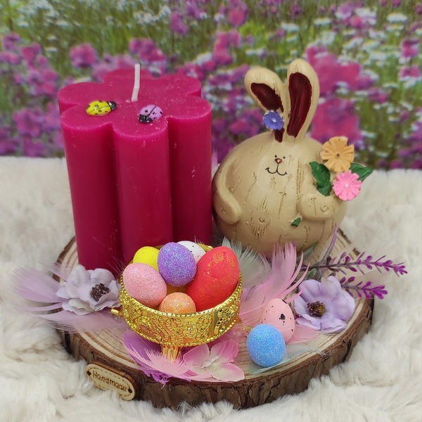Πασχαλινή Σύνθεση με κεραμικό Λαγό, διακοσμητικά και μπορντώ κερί σε σχήμα λουλουδιού, πάνω σε κορμό ξύλου - διακοσμητικά, πασχαλινά δώρα, διακοσμητικό πασχαλινό - 5