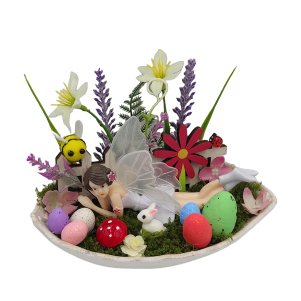 Πασχαλινή Σύνθεση με νεράιδα, διακοσμητικά, λουλούδια, λαγουδάκι επάνω σε κεραμικό φύλλο - νεράιδα, διακοσμητικά, πασχαλινά αυγά διακοσμητικά, πασχαλινά δώρα, διακοσμητικό πασχαλινό