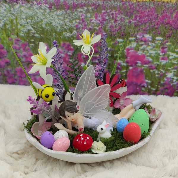 Πασχαλινή Σύνθεση με νεράιδα, διακοσμητικά, λουλούδια, λαγουδάκι επάνω σε κεραμικό φύλλο - νεράιδα, διακοσμητικά, πασχαλινά αυγά διακοσμητικά, πασχαλινά δώρα, διακοσμητικό πασχαλινό - 2