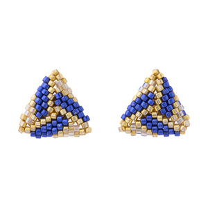 Triangle Miyuki Braided Stud Σκουλαρίκια - Μπλέ-Χρυσό | The Gem Stories Jewelry - γυαλί, χάντρες, μικρά, ατσάλι