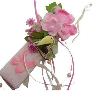 Λαμπάδα λευκή πλακέ 25εκ με ροζ μπουκετο - κορίτσι, λουλούδια, λαμπάδες, για ενήλικες, για εφήβους