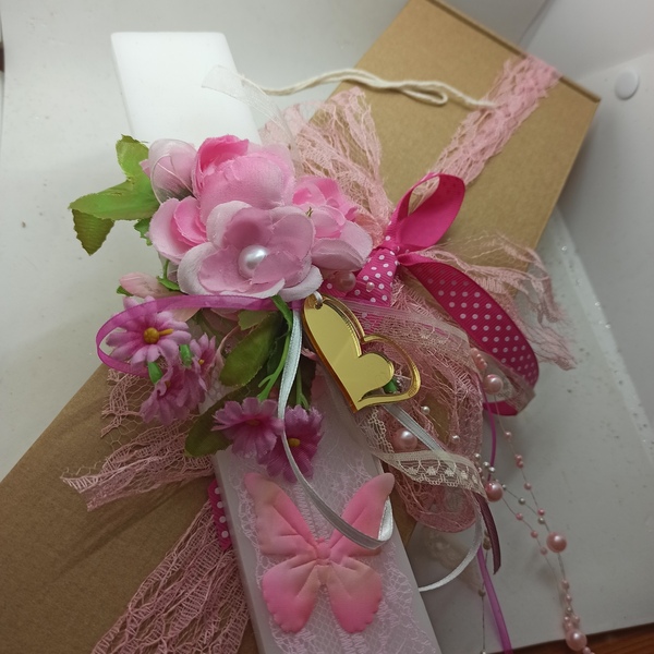 Λαμπάδα λευκή πλακέ 25εκ με ροζ μπουκετο - κορίτσι, λουλούδια, λαμπάδες, για ενήλικες, για εφήβους - 4
