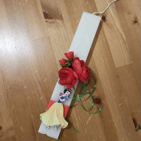 λαμπάδα Χιονάτη 30 cm λευκή με λουλούδια - κορίτσι, λαμπάδες, για παιδιά, πριγκίπισσες - 3