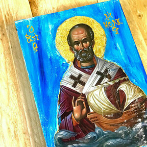 Άγιος Νικόλαος Αρχιεπίσκοπος Μύρων Χειροποίητη Εικόνα Σε Ξύλο 15x21cm - πίνακες & κάδρα, πίνακες ζωγραφικής, εικόνες αγίων - 3