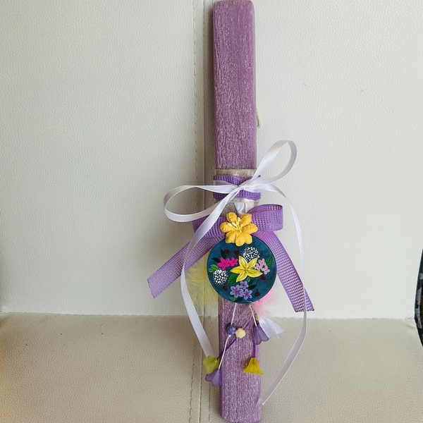 Λαμπάδα μωβ, ξυστή, αρωματική 30,5 cm με ξύλινο διακοσμητικό ζωγραφισμένο στο χέρι! - κορίτσι, λουλούδια, λαμπάδες, για παιδιά - 5