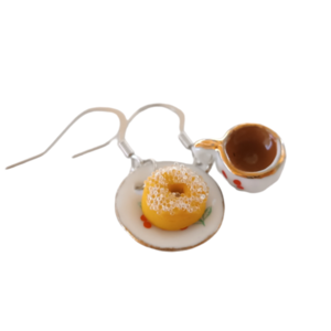 Σκουλαρίκια πορσελάνινο σετ φλυτζάνι καφέ και πιάτο με donut λουκουμά / μεσαία / μεταλλικά / Twice Treasured - πηλός, κρεμαστά, γλυκά, γάντζος - 3