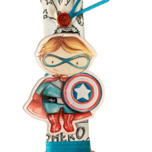 Λαμπάδα με φανταστκό χαρακτήρα κόμικ (Captain America) - μαγνητάκι διακοσμημένη με ύφασμα color me και διάφορες κορδέλες - αγόρι, λαμπάδες, για παιδιά, σούπερ ήρωες, ήρωες κινουμένων σχεδίων - 4