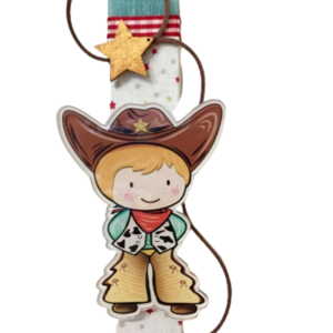 Λαμπάδα Cowboy με λάσο - μαγνητάκι διακοσμημένη με ύφασμα καιδιάφορες κορδέλες - αγόρι, λαμπάδες, αγορίστικο, για παιδιά - 2
