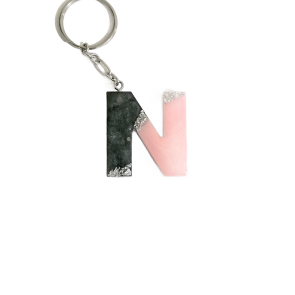 Μπρελόκ "Ν" από μαύρο - ροζ υγρό γυαλί με ασημί flakes - ρητίνη, όνομα - μονόγραμμα, αυτοκινήτου, σπιτιού, μπρελοκ κλειδιών - 2