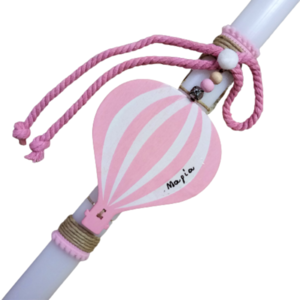 Λαμπάδα λευκή οβάλ αρωματική ( 38 εκ.) με ξύλινο αερόστατο ροζ-λευκό με όνομα - κορίτσι, λαμπάδες, για παιδιά, για μωρά, προσωποποιημένα
