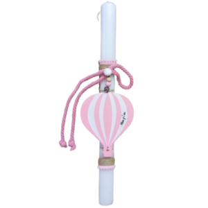 Λαμπάδα λευκή οβάλ αρωματική ( 38 εκ.) με ξύλινο αερόστατο ροζ-λευκό με όνομα - κορίτσι, λαμπάδες, για παιδιά, για μωρά, προσωποποιημένα - 2