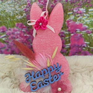 Πασχαλινό αρωματικό ροζ ξυστό κερί λαγός με πούπουλα, αποξηραμένα λουλούδια και ξύλινο στοιχείο "Happy Easter" - διακοσμητικά, δώρο για νονό, πασχαλινή διακόσμηση, πασχαλινά δώρα - 2