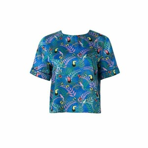 Robin T-Shirt - Σατέν Kοντομάνικο Τοπ με Πολύχρωμο Μοτίβο Fauna Blue - πολυεστέρας, crop top - 4