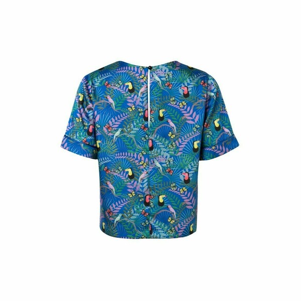 Robin T-Shirt - Σατέν Kοντομάνικο Τοπ με Πολύχρωμο Μοτίβο Fauna Blue - πολυεστέρας, crop top - 5