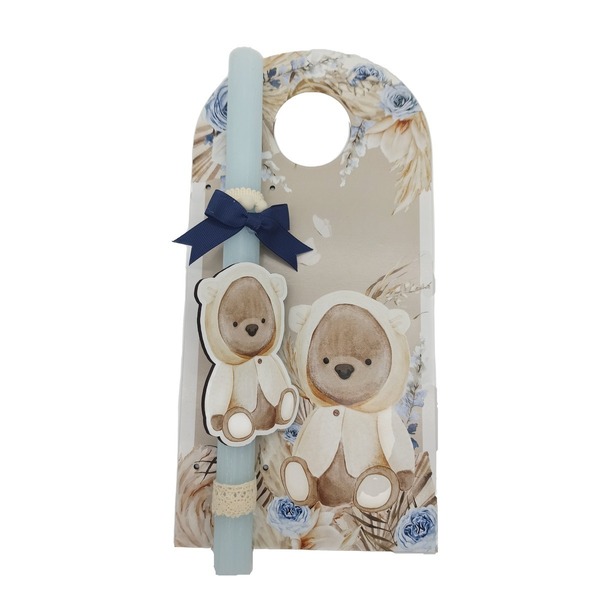 Λαμπάδα αρκουδάκι με ξύλινη πλάτη με μπλε αρωματικό κερί 30 cm - αγόρι, λαμπάδες, για παιδιά, για μωρά