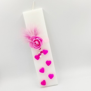 Αρωματική Λευκή Πλακέ Λαμπάδα με ροζ κέρινες ανάγλυφες καρδιές, πούπουλα, κρυσταλλακια και ροζ λουλούδι - καρδιά, κορίτσι, λαμπάδες, αρωματικές λαμπάδες, για εφήβους