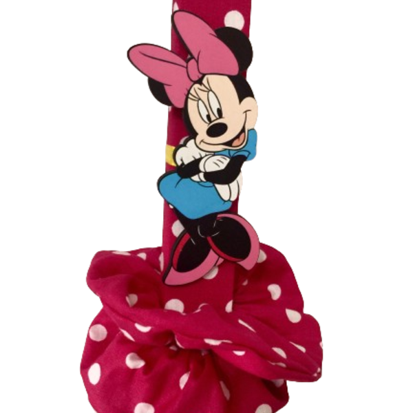 Λαμπάδα με ήρωα κινουμένων σχεδίων (MInnie Mouse) - μαγνητάκι & scrunchie φούξια πουα - κορίτσι, λαμπάδες, για παιδιά, ήρωες κινουμένων σχεδίων - 2