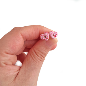 Ροζ σκουλαρίκια donut καρδιές - καρδιά, πηλός, μικρά, ατσάλι, boho - 4