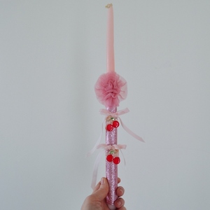 Πασχαλινή ροζ λαμπάδα ύψους 41 εκ. με κλιπς μαλλιών κερασάκια σε κόκκινο χρώμα - κορίτσι, λαμπάδες, για παιδιά, hair clips - 3