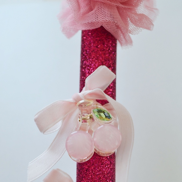Πασχαλινή ροζ λαμπάδα ύψους 41 εκ. με κλιπς μαλλιών κερασάκια σε ροζ χρώμα - κορίτσι, λαμπάδες, για παιδιά - 4