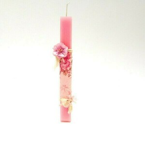 Λαμπάδα ροζ με δαντέλα και ροζ λουλούδια 30x5x3 - κορίτσι, λουλούδια, λαμπάδες, για παιδιά, για εφήβους