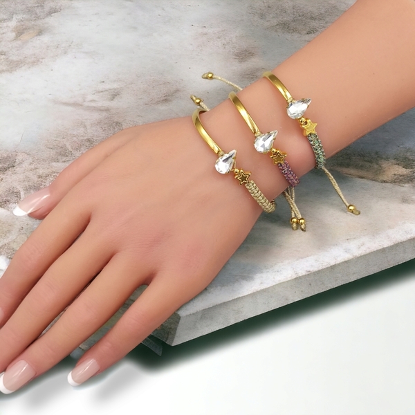 Βραχιόλι "Crystal Handcuff Bracelet" - στρας, ορείχαλκος, μακραμέ, χεριού, αυξομειούμενα - 2