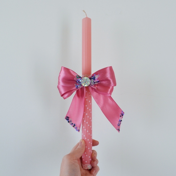 Πασχαλινή ριγέ λαμπάδα σε ροζ χρώμα, ύψους 32 εκ. με χειροποίητο κοκκαλάκι φιόγκο, από σατέν κορδέλα - κορίτσι, για τα μαλλιά, για παιδιά, hair clips - 4