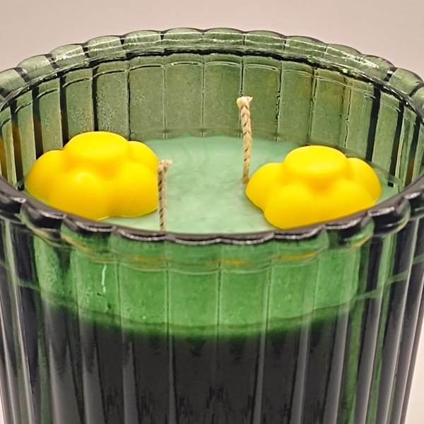 Χειροποίητο Αρωματικό Κερί 300γρμ σε γυάλινο βάζο ριγέ χρωματιστό 10εκ χ 10εκ πράσινο με άρωμα μάνγκο ανανά - αρωματικά κεριά - 5