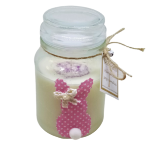 Σετ 2 τεμ. - Πασχαλινό δώρο για τη ΝΟΝΑ - Κερί σόγιας με ανοιξιάτικο λουλουδάτο άρωμα Bamboo Karite σε γυάλινο βάζο με καπάκι και λαγουδάκι ροζ( 340 ml ) και κράτα Καλό Πάσχα - αρωματικά κεριά - 2