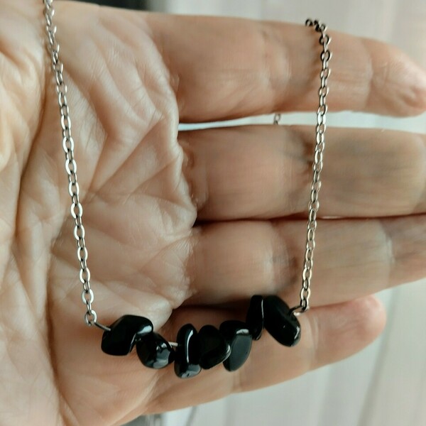 Ατσάλινο κολιέ με ημιπολύτιμες πέτρες, μαύρος ονυχας - ημιπολύτιμες πέτρες, κοντά, ατσάλι - 4
