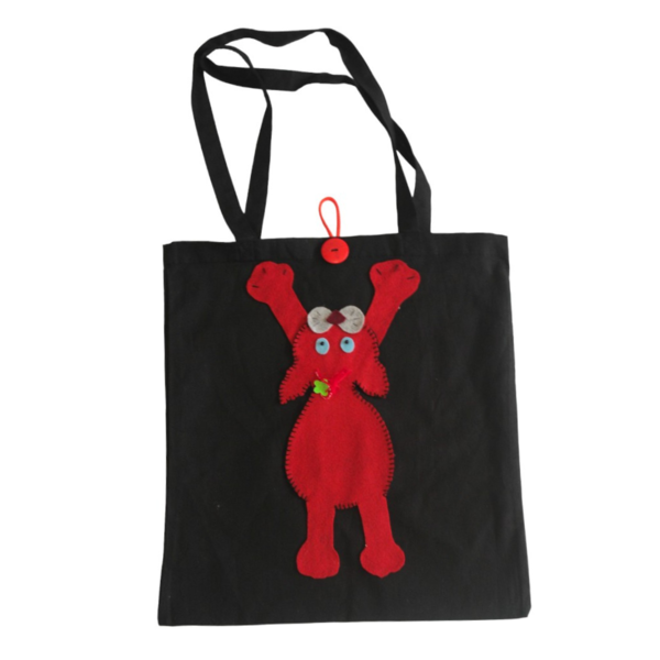 Τσάντα υφασμάτινη μαύρη με γατούλα κόκκινη χειροποίητη για εντυπωσιακή εμφάνιση. - ύφασμα, χειροποίητα, tote, πάνινες τσάντες, φθηνές