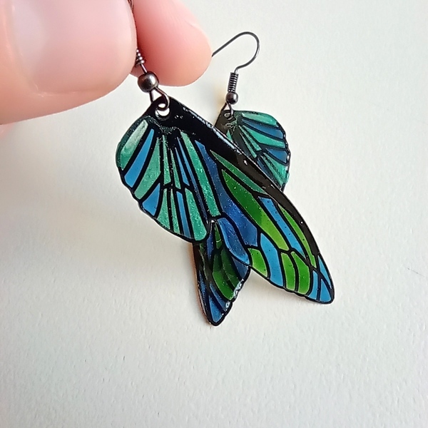 Σκουλαρίκια φτερά πεταλούδας με υγρό γυαλί - γυαλί, κρεμαστά, μεγάλα, δώρα γενεθλίων, δώρα για γυναίκες - 4