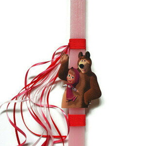 Χειροποίητη αρωματική ροζ λαμπάδα με ξύλινη φιγούρα Μασα κι ο αρκούδος (Masha), 30 εκατοστά - κορίτσι, λαμπάδες, για παιδιά, ήρωες κινουμένων σχεδίων, για μωρά