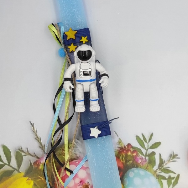 Αρωματική γαλάζια πλακέ λαμπάδα 30cm με Αστροναύτη, αστέρια και κορδέλες - αγόρι, αστέρι, λαμπάδες, αρωματικές λαμπάδες - 4