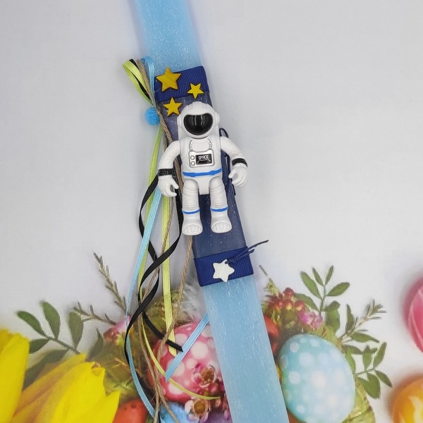 Αρωματική γαλάζια πλακέ λαμπάδα 30cm με Αστροναύτη, αστέρια και κορδέλες - αγόρι, αστέρι, λαμπάδες, αρωματικές λαμπάδες - 5