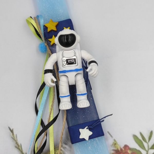 Αρωματική γαλάζια πλακέ λαμπάδα 30cm με Αστροναύτη, αστέρια και κορδέλες - αγόρι, αστέρι, λαμπάδες, αρωματικές λαμπάδες - 3
