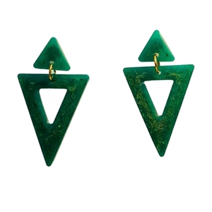 Γεωμετρικά ιριδίζον πράσινα σκουλαρίκια από υγρό γυαλί. - γυαλί, μακριά, ατσάλι, φθηνά