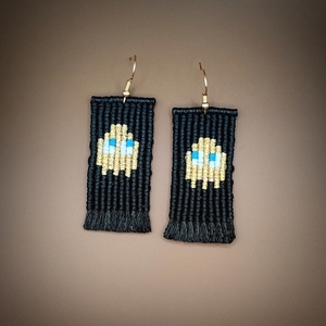 Pacman macrame earrings - μακραμέ, ατσάλι, μεγάλα, γάντζος - 2