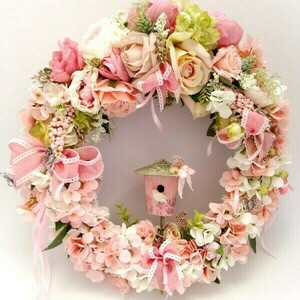 Ανοιξιάτικο στεφάνι με ροζ και άσπρα λουλούδια 45x9x45 - στεφάνια, λουλούδια, ανοιξιάτικα λουλούδια - 2