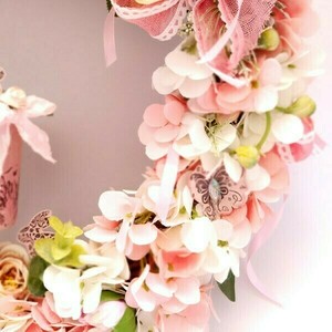 Ανοιξιάτικο στεφάνι με ροζ και άσπρα λουλούδια 45x9x45 - στεφάνια, λουλούδια - 5