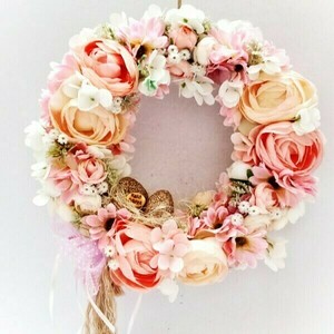 Ανοιξιάτικο στεφάνι με ροζ - άσπρα λουλούδια 30x9x30 - στεφάνια, λουλούδια - 2