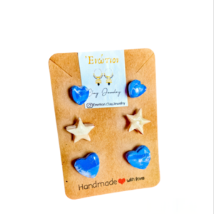 Hearts&Stars the mini set/ σετ με 3 μικρά ζευγάρια σκουλαρίκια από πολυμερικό πηλό - καρδιά, αστέρι, πηλός, μικρά, φθηνά