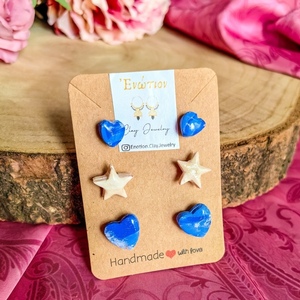 Hearts&Stars the mini set/ σετ με 3 μικρά ζευγάρια σκουλαρίκια από πολυμερικό πηλό - καρδιά, αστέρι, πηλός, μικρά, φθηνά - 2