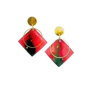 Ιριδίζον στρογγυλά σκουλαρίκια ρητίνης με δύο χρώματα κόκκινο&πράσινο. - γυαλί, επιχρυσωμένα, χαλκός, κύκλος, ατσάλι - 2