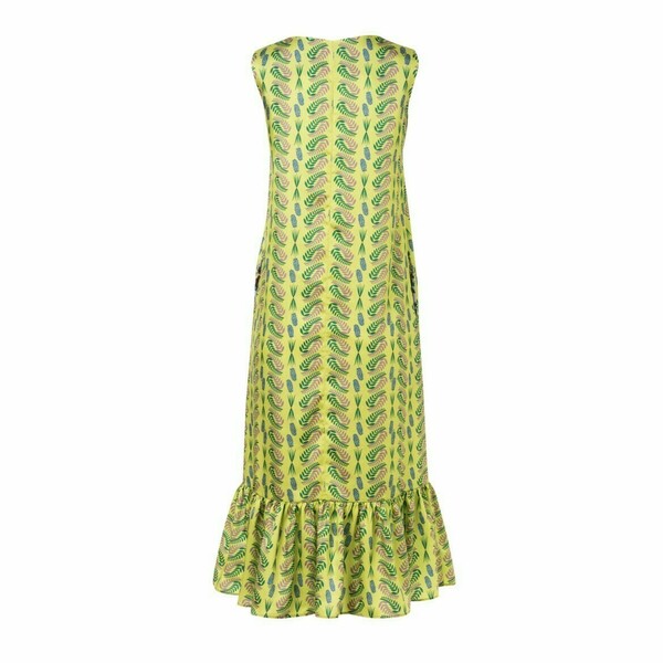 Diana Dress-Σατέν Μάξι Φόρεμα με Βολάν με Πολύχρωμο Μοτίβο Flora Lime - πολυεστέρας, φλοράλ, γάμου - βάπτισης - 5