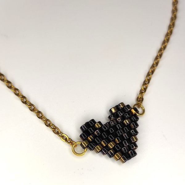 Ατσάλινο Κολιέ τσόκερ καρδιά με χάντρες Μαύρο Χρυσό. - επιχρυσωμένα, καρδιά, miyuki delica, ατσάλι - 2